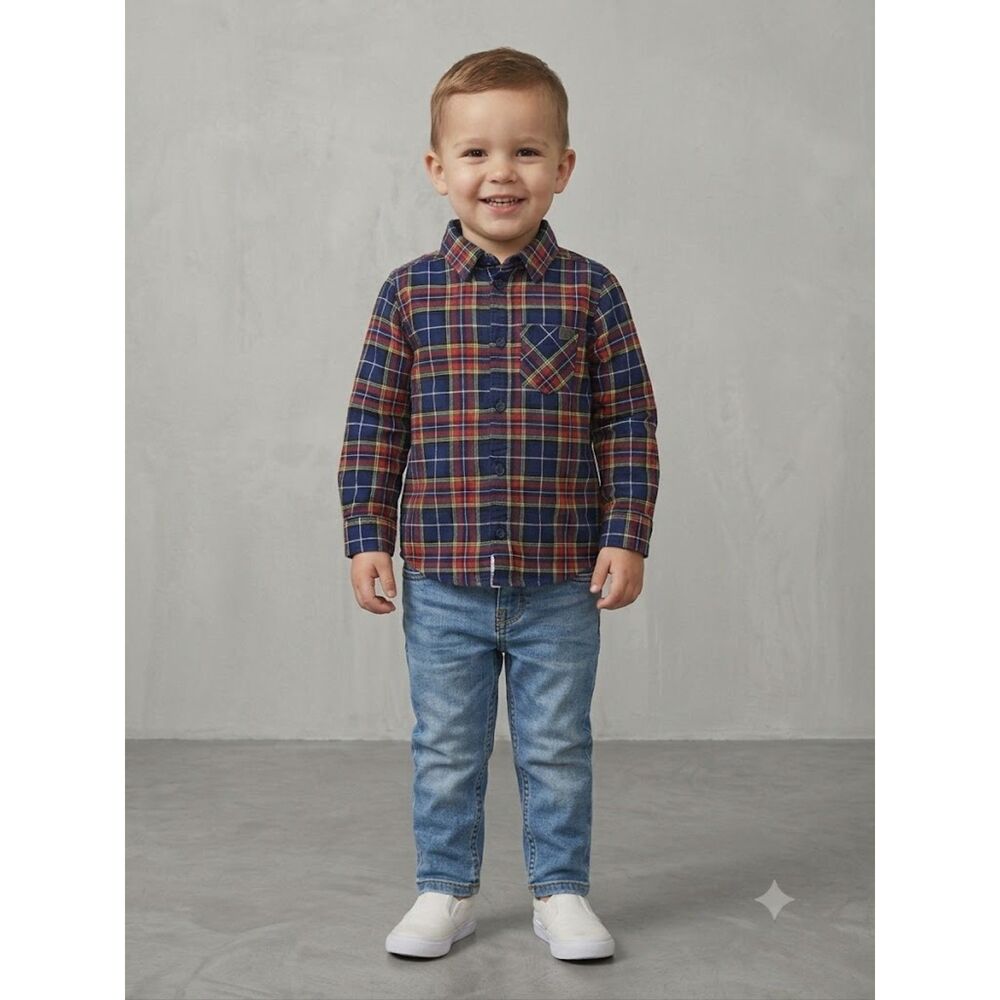 3T H&M LOGG Plaid Button Up Toddler 3T 4T Red Blue Tartan Preppy Dark Academica